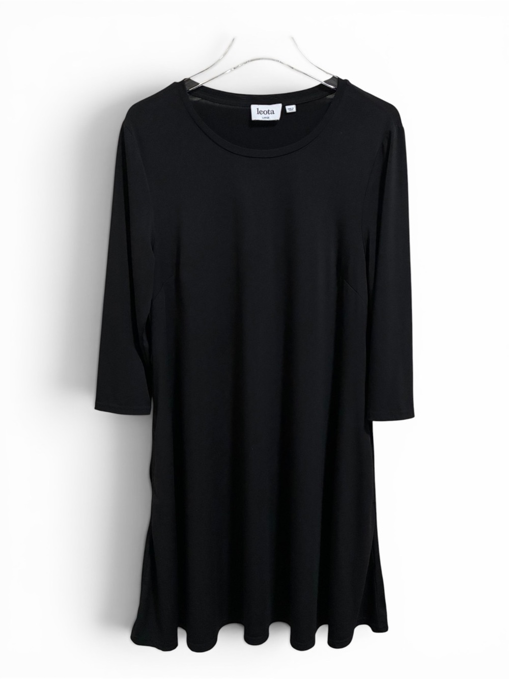 Leota Black Dress Large Solid Minimalist Stretch Flowy 3/4 Sleeves Pockets Swing - Picture 2 of 9